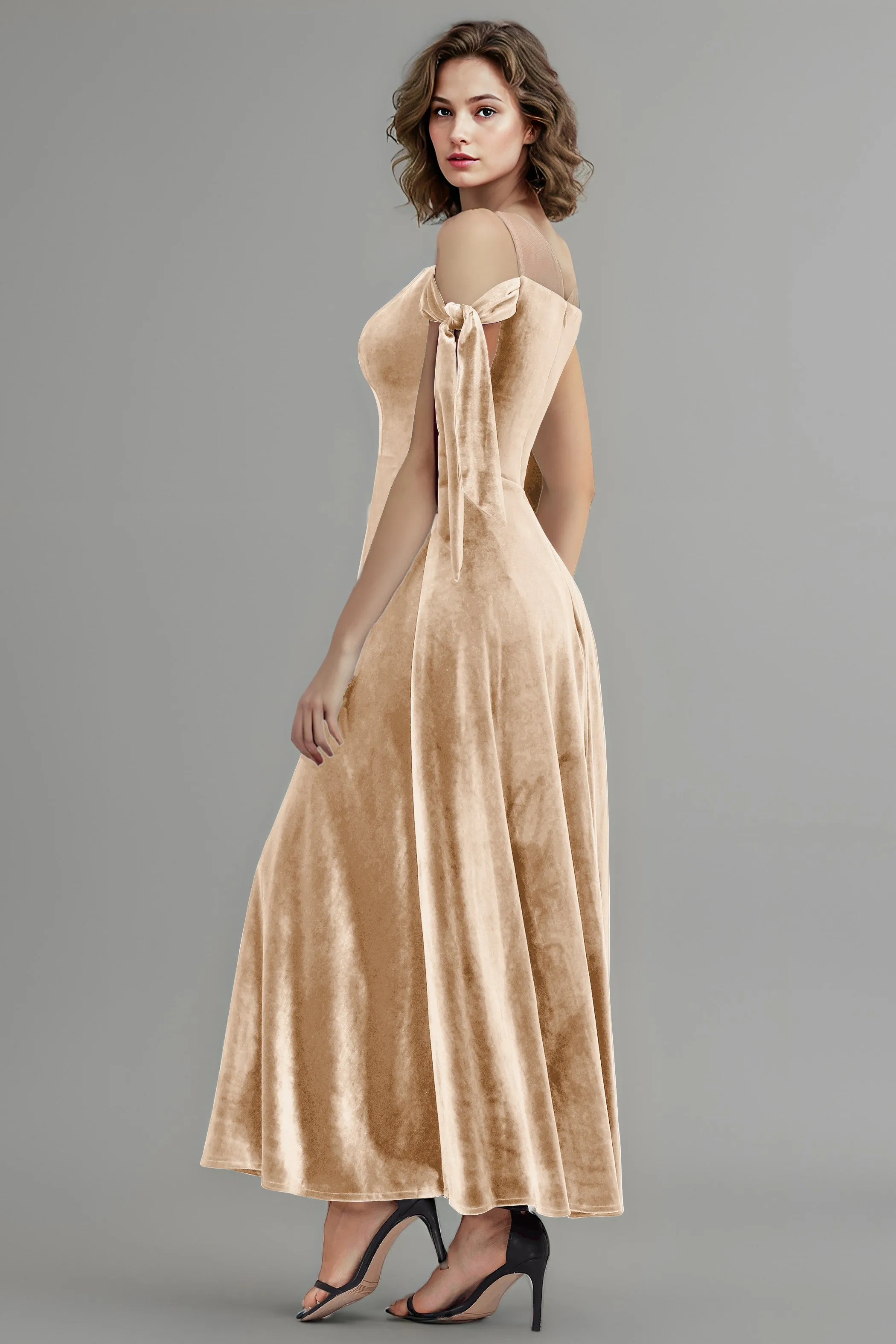 A Line Sheer Neck Ankle Length Velvet Bridesmaid Dresses