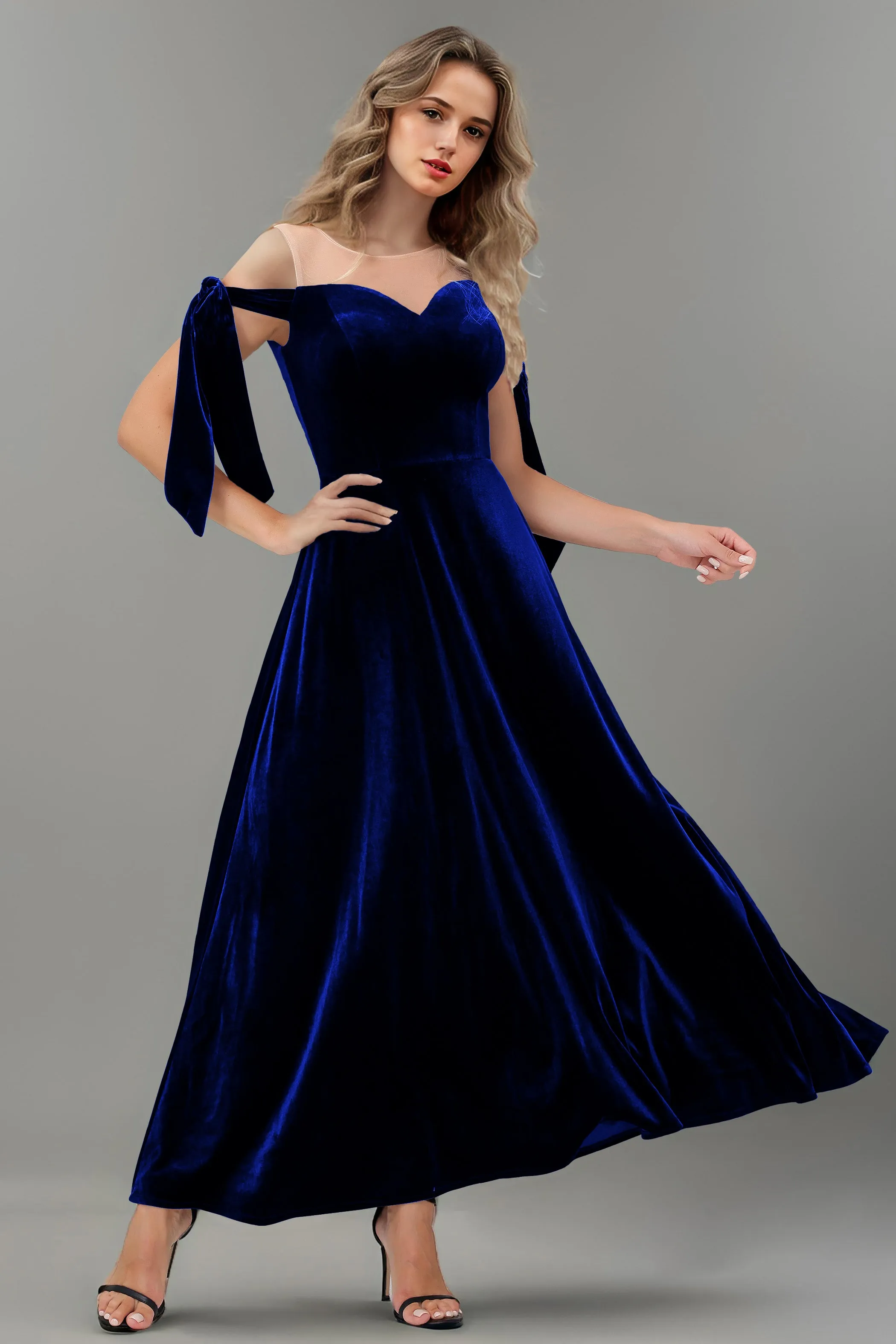 A Line Sheer Neck Ankle Length Velvet Bridesmaid Dresses