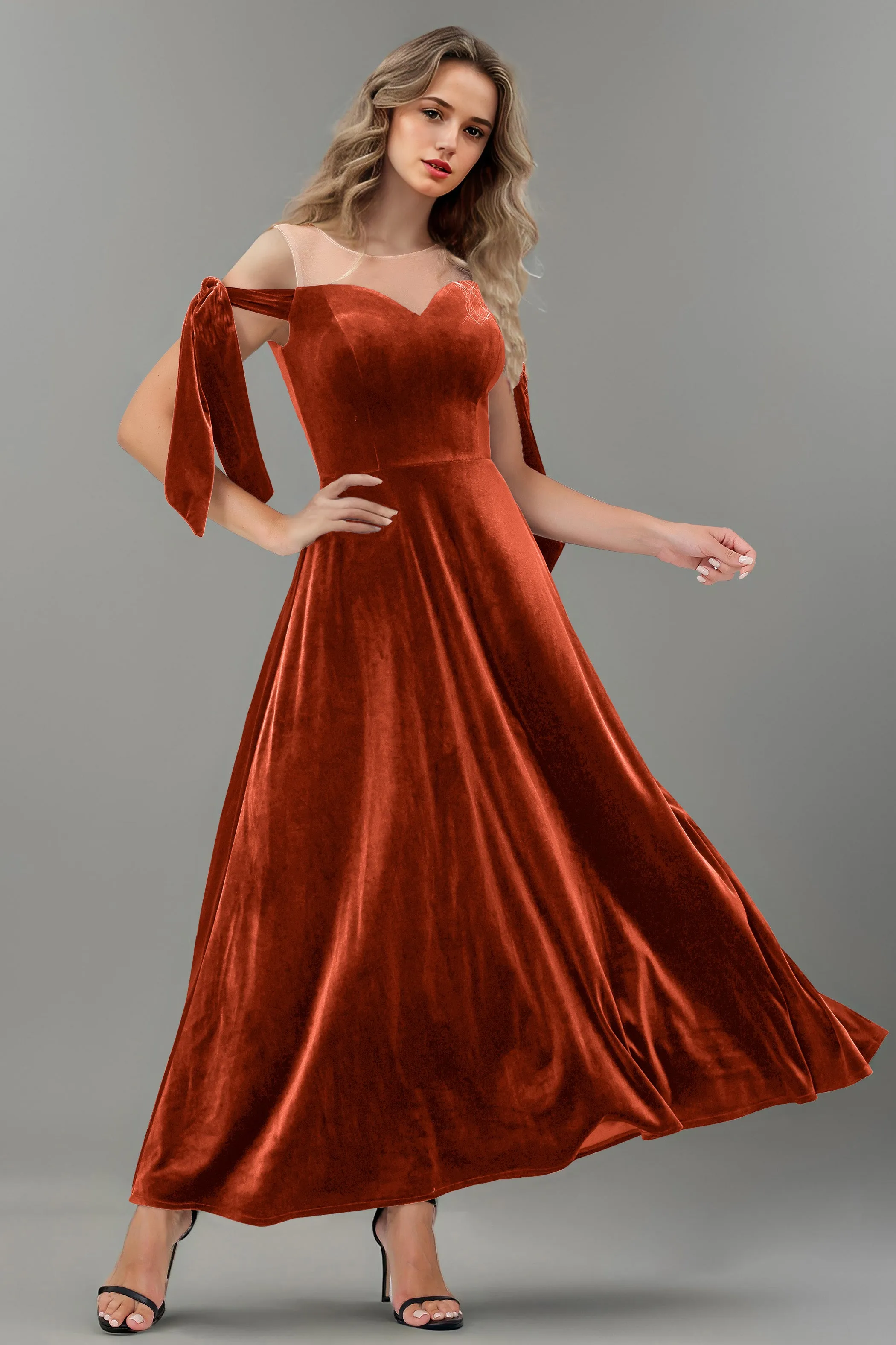 A Line Sheer Neck Ankle Length Velvet Bridesmaid Dresses