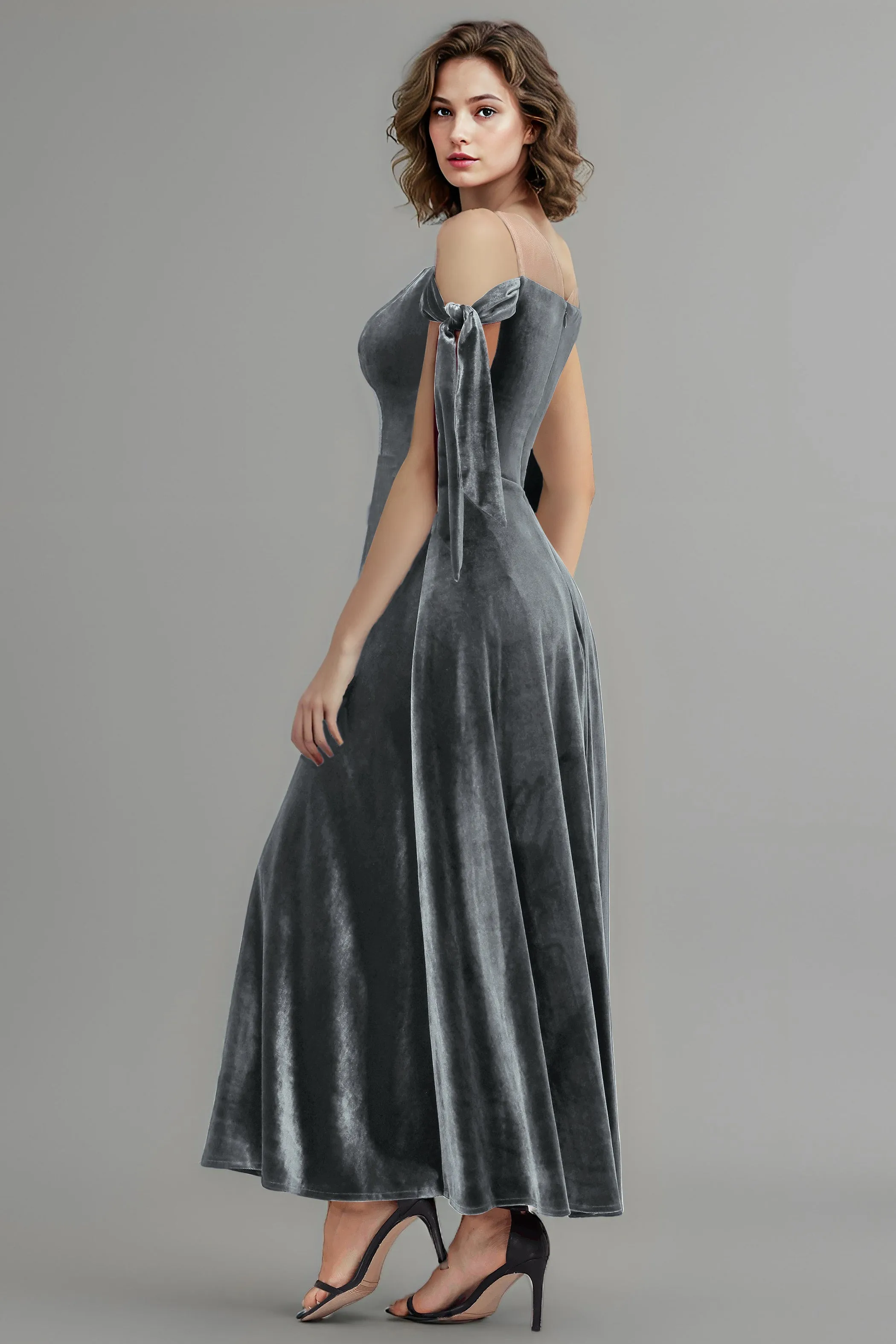 A Line Sheer Neck Ankle Length Velvet Bridesmaid Dresses