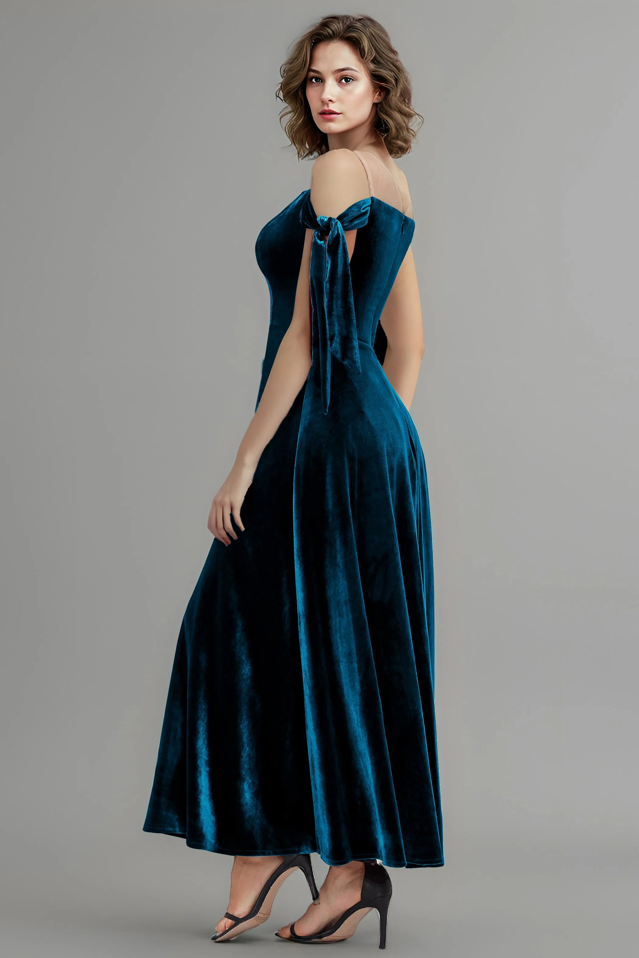 A Line Sheer Neck Ankle Length Velvet Bridesmaid Dresses