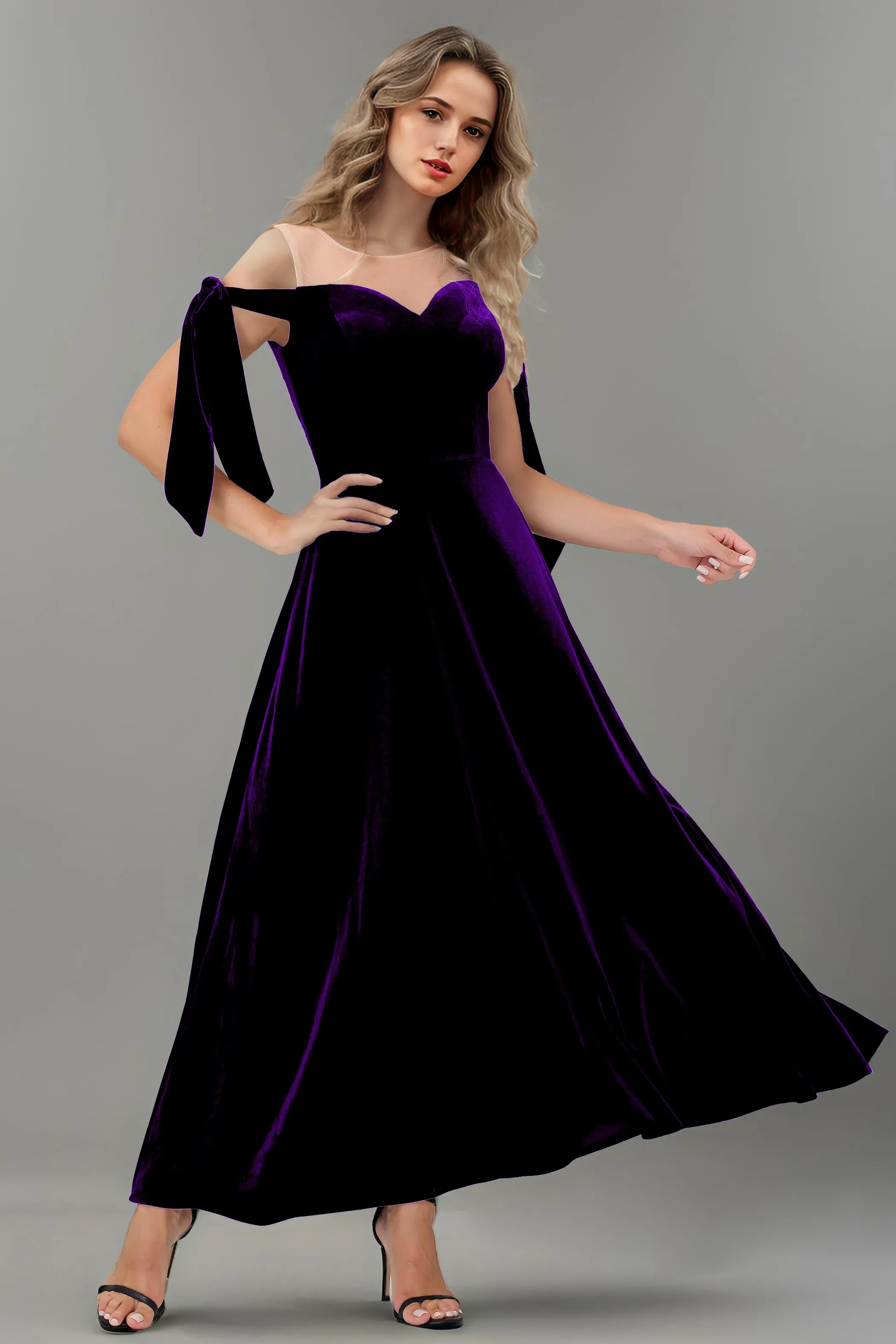 A Line Sheer Neck Ankle Length Velvet Bridesmaid Dresses