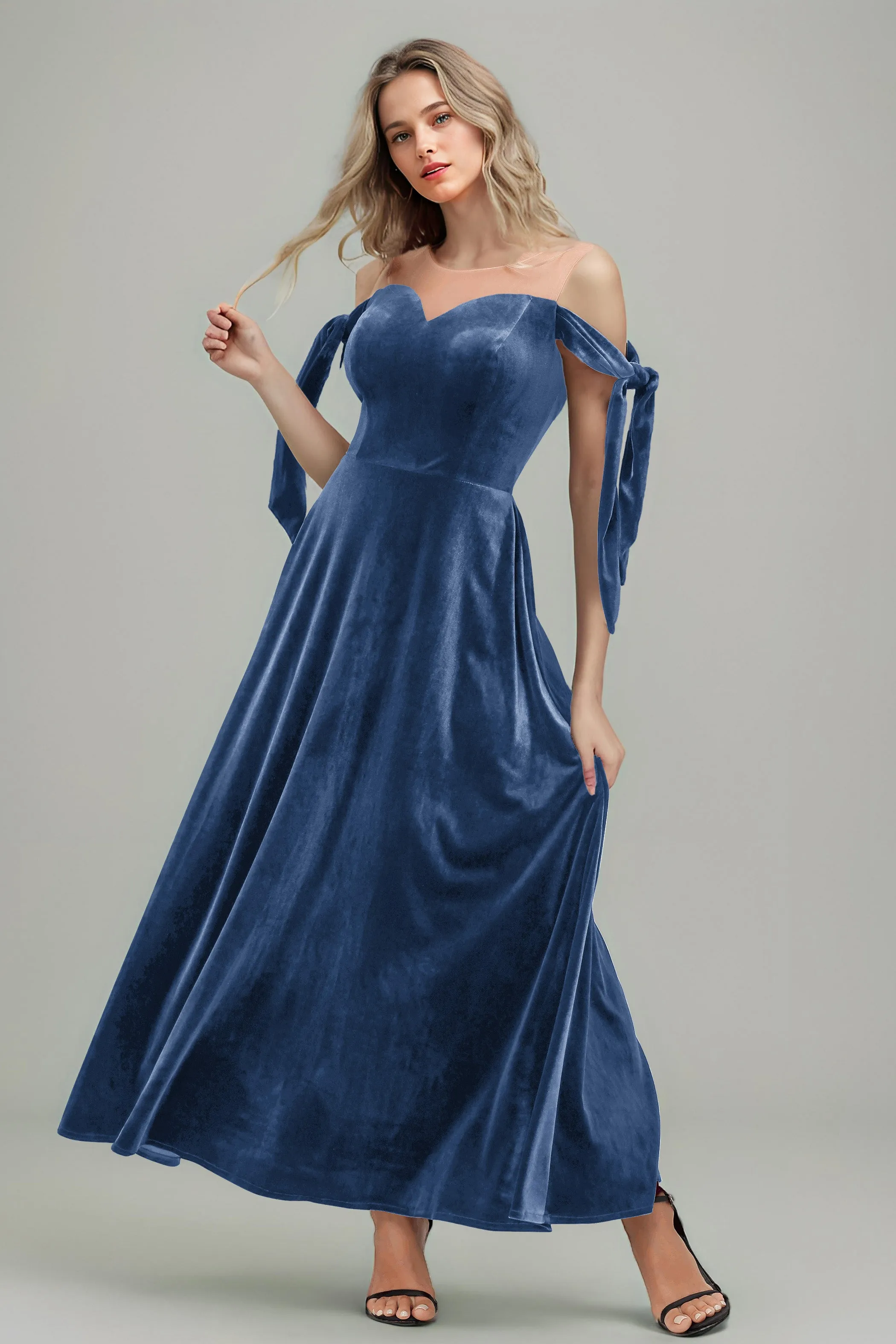 A Line Sheer Neck Ankle Length Velvet Bridesmaid Dresses