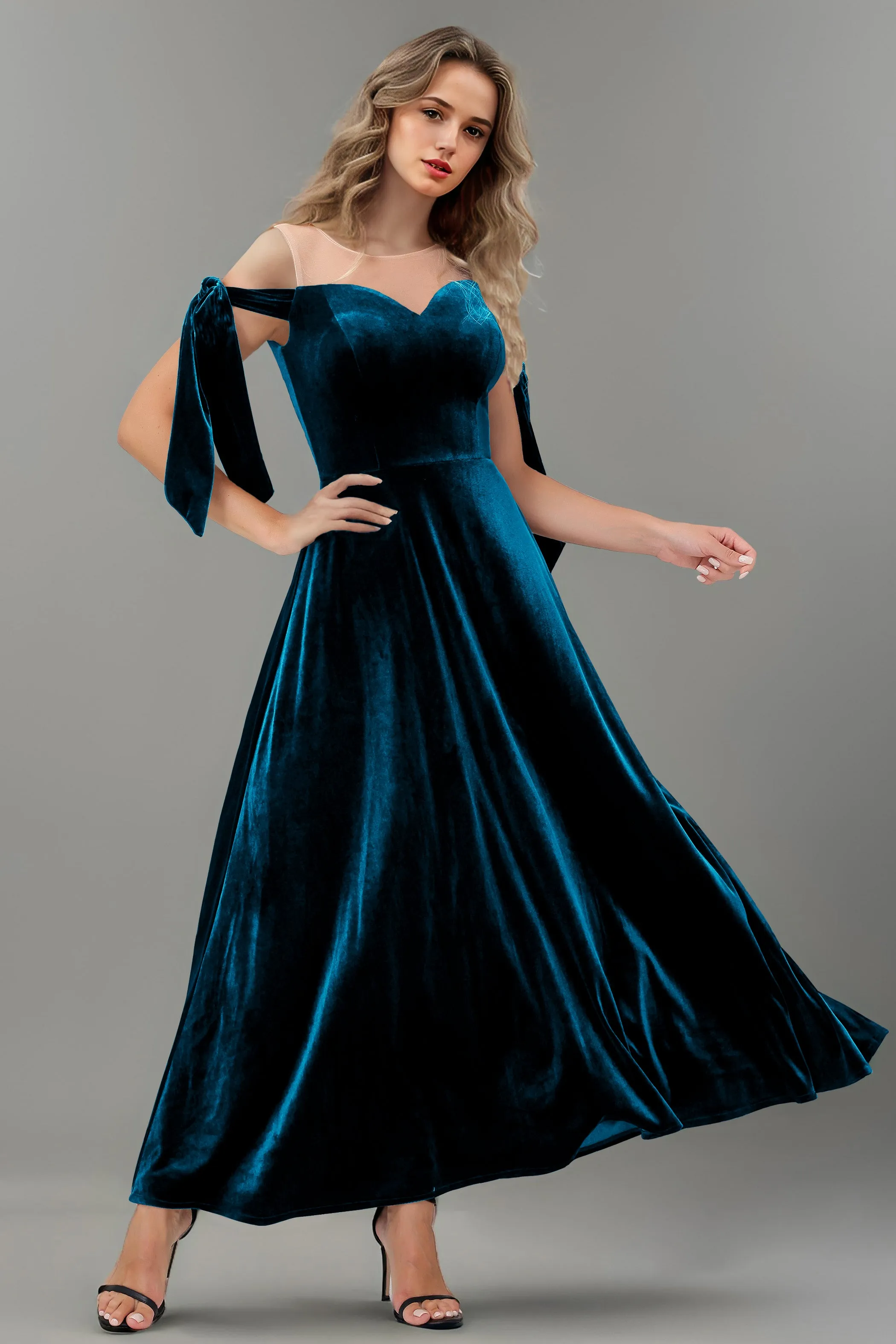 A Line Sheer Neck Ankle Length Velvet Bridesmaid Dresses