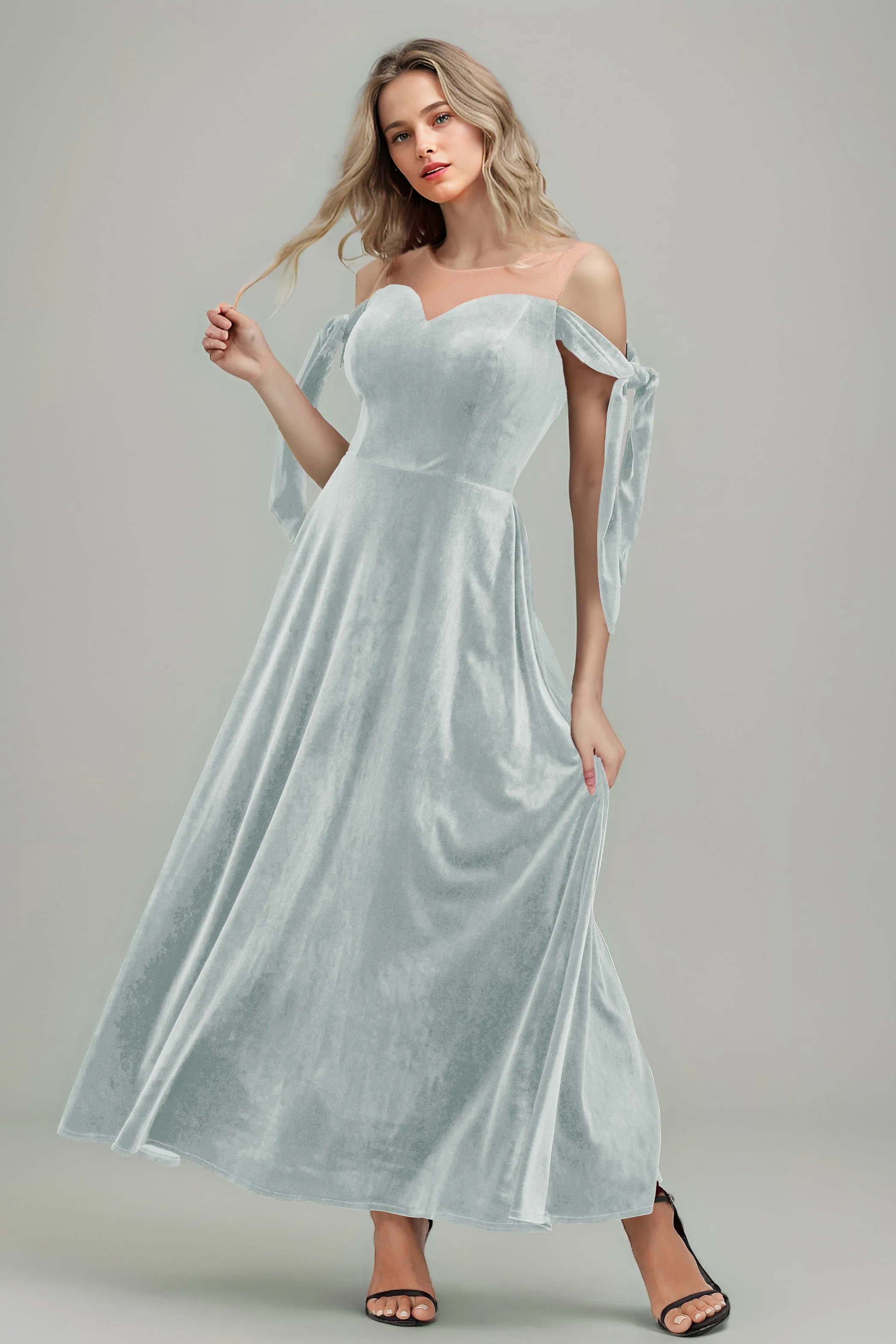 A Line Sheer Neck Ankle Length Velvet Bridesmaid Dresses