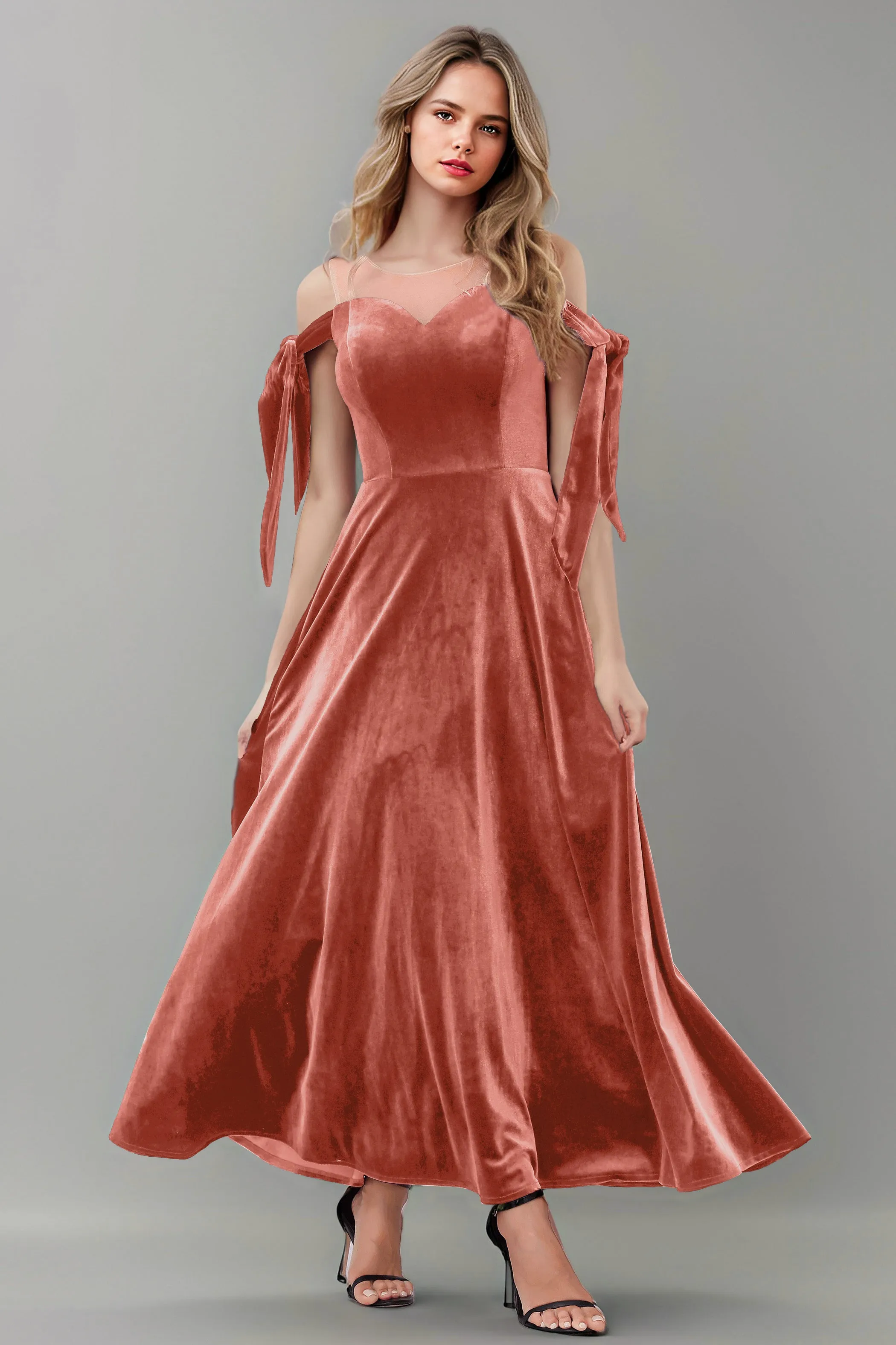 A Line Sheer Neck Ankle Length Velvet Bridesmaid Dresses