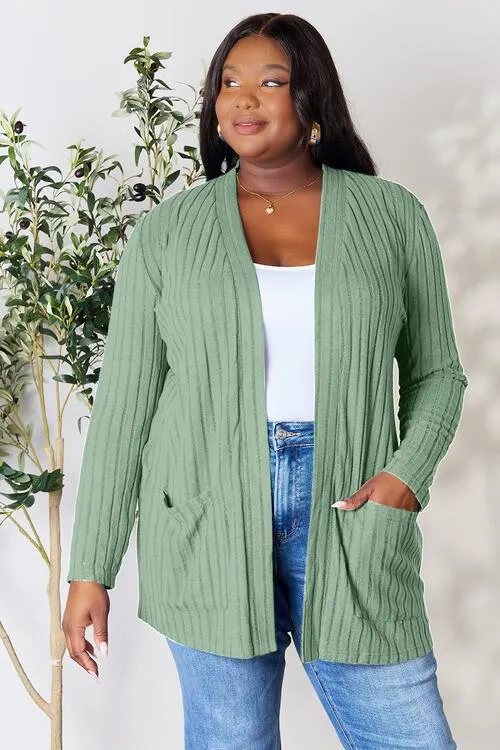 Basic Bae Ribbed Open Front Cardigan with Pockets - 4 Colors