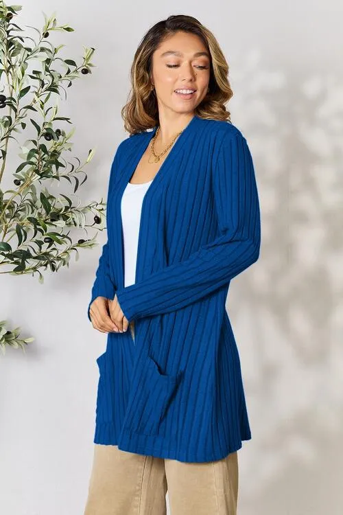 Basic Bae Ribbed Open Front Cardigan with Pockets - 4 Colors