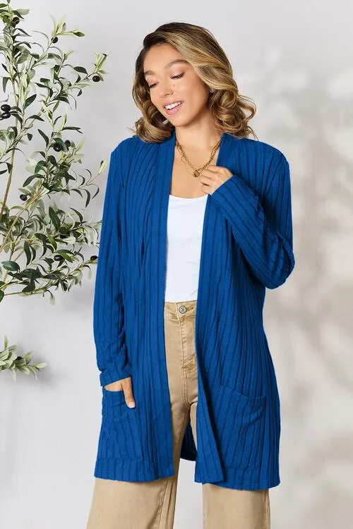 Basic Bae Ribbed Open Front Cardigan with Pockets - 4 Colors