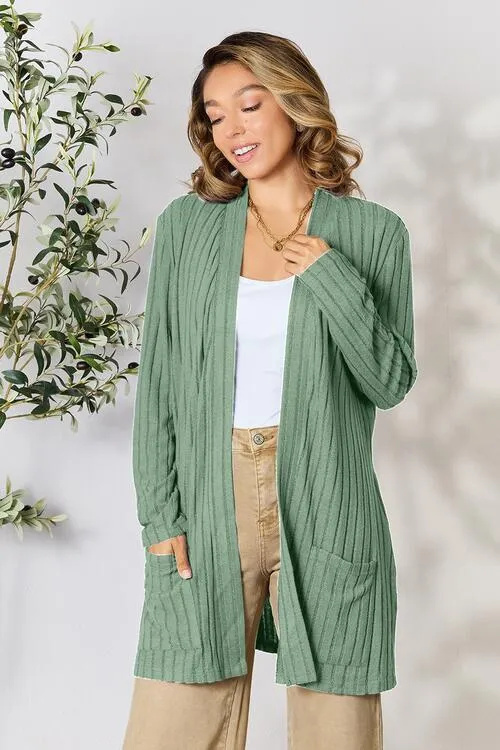 Basic Bae Ribbed Open Front Cardigan with Pockets - 4 Colors