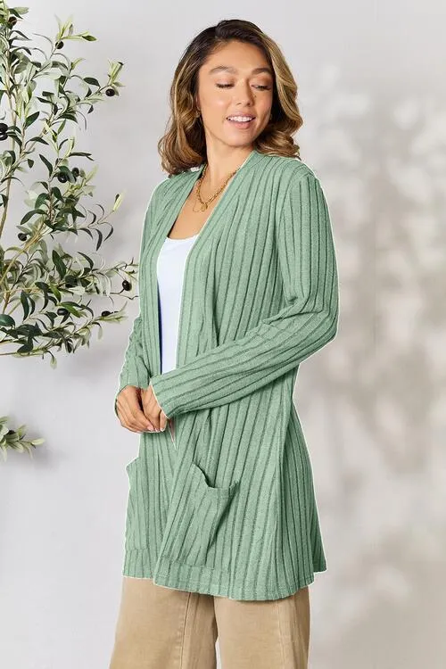 Basic Bae Ribbed Open Front Cardigan with Pockets - 4 Colors