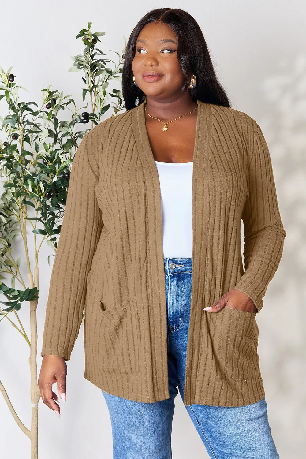 Basic Bae Ribbed Open Front Cardigan with Pockets - 4 Colors