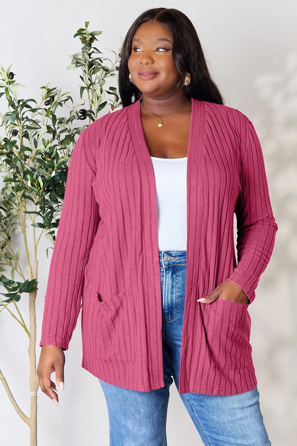 Basic Bae Ribbed Open Front Cardigan with Pockets - 4 Colors