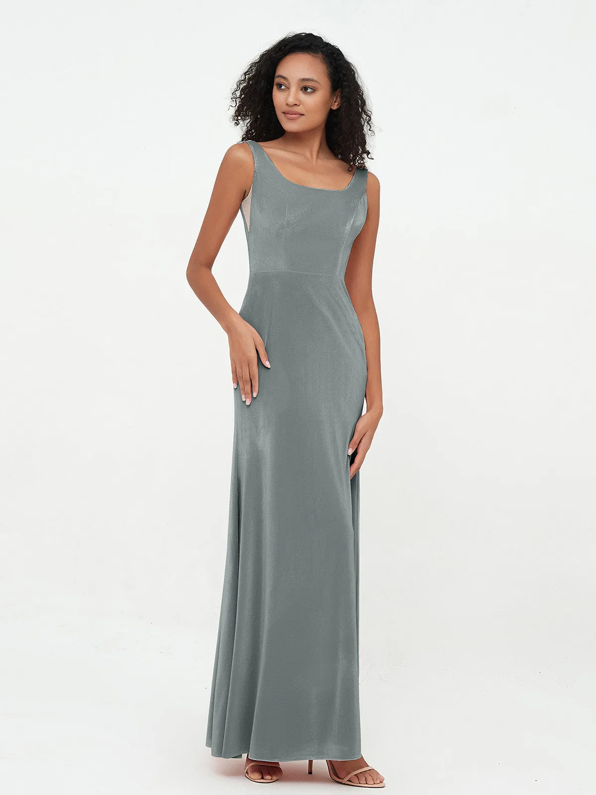 Bateau Neck Mermaid Long Velvet Dresses Steel Grey