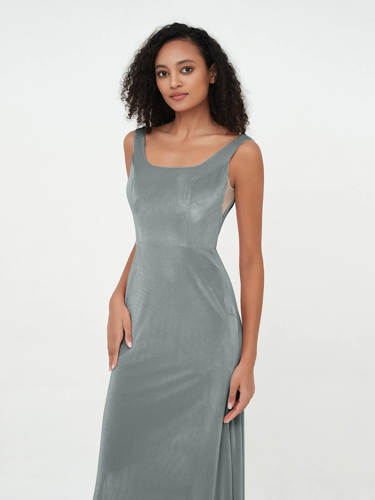 Bateau Neck Mermaid Long Velvet Dresses Steel Grey