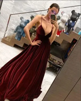 Beautiful Spaghetti Strapless V Neck Burgundy Velvet Prom Dresses