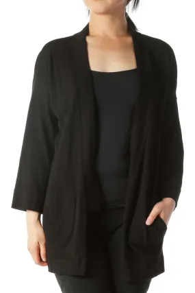 Black 3/4 Sleeve Pocketed Knit Cardigan