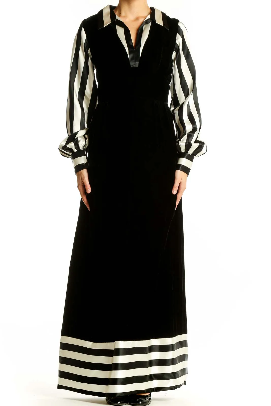 Black and White Striped Velvet Maxi Dress