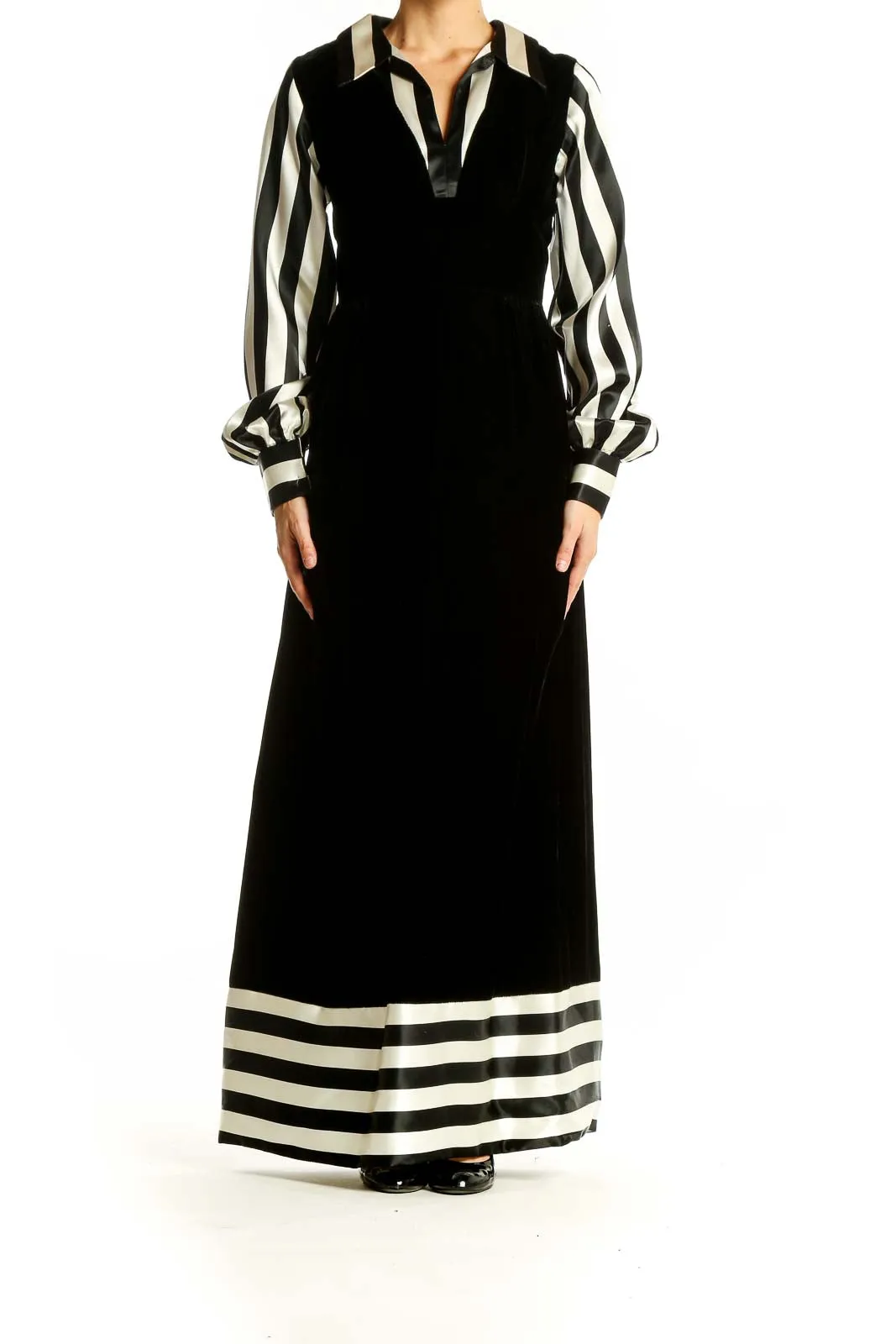 Black and White Striped Velvet Maxi Dress