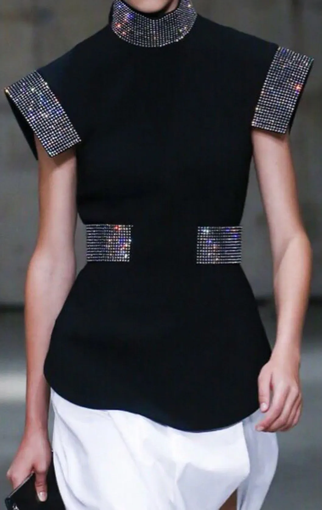 Black Belted Crepe Sequin Top