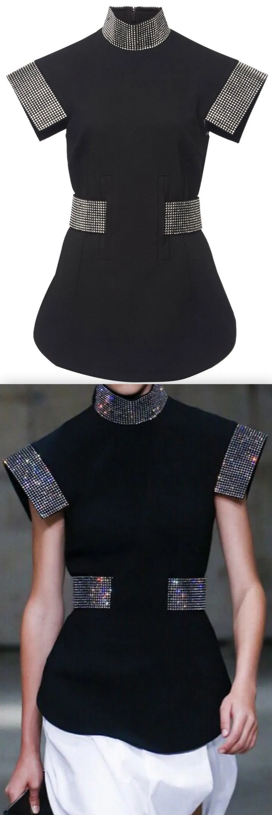 Black Belted Crepe Sequin Top