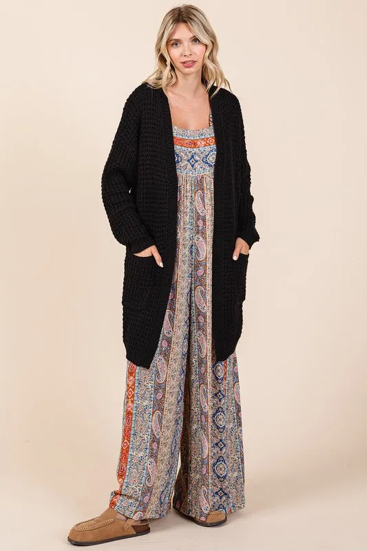 Black Open Front Long Sleeve Longline Cardigan