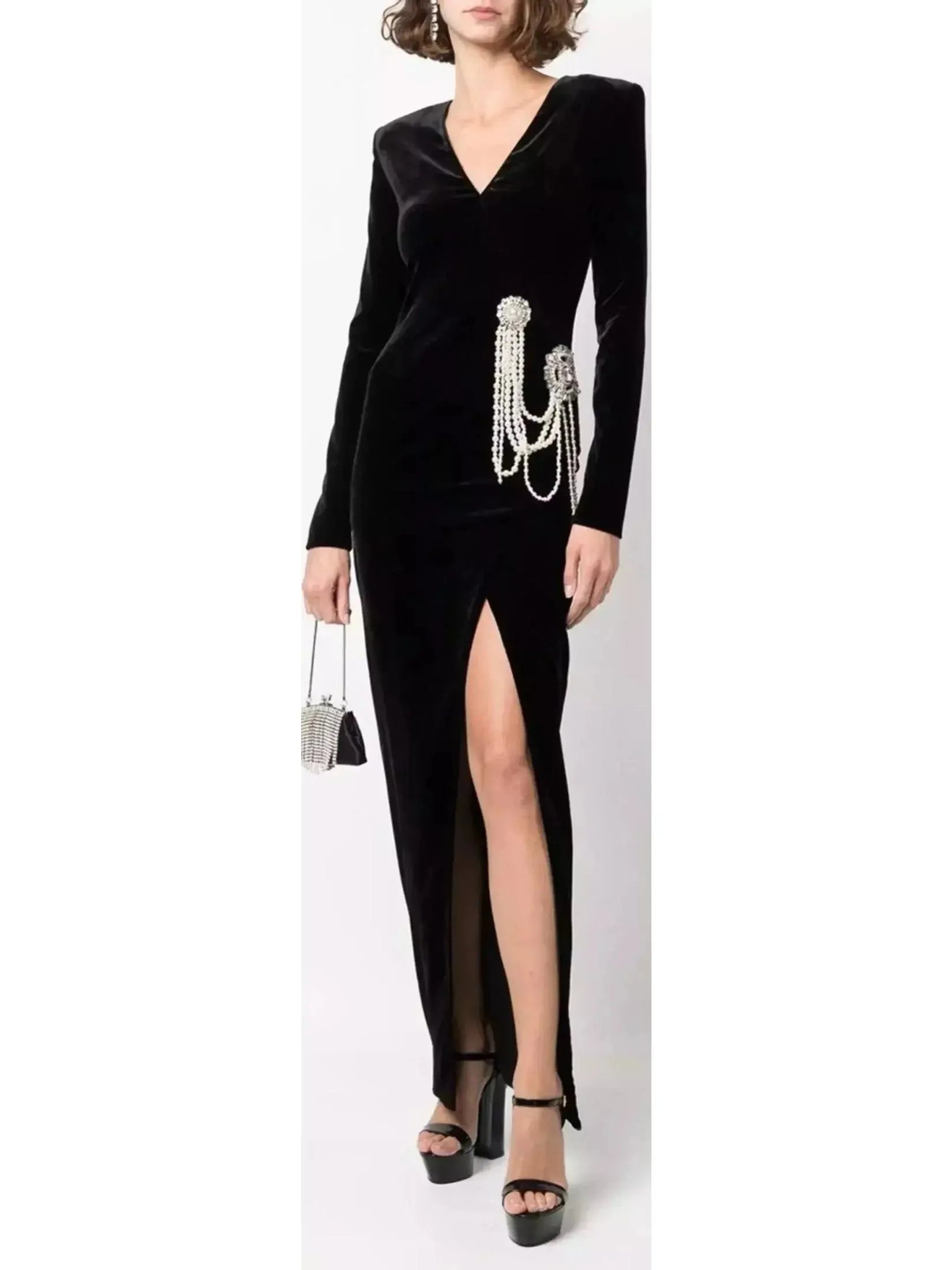 Black Velvet Pearl Chain-Embellished Dress