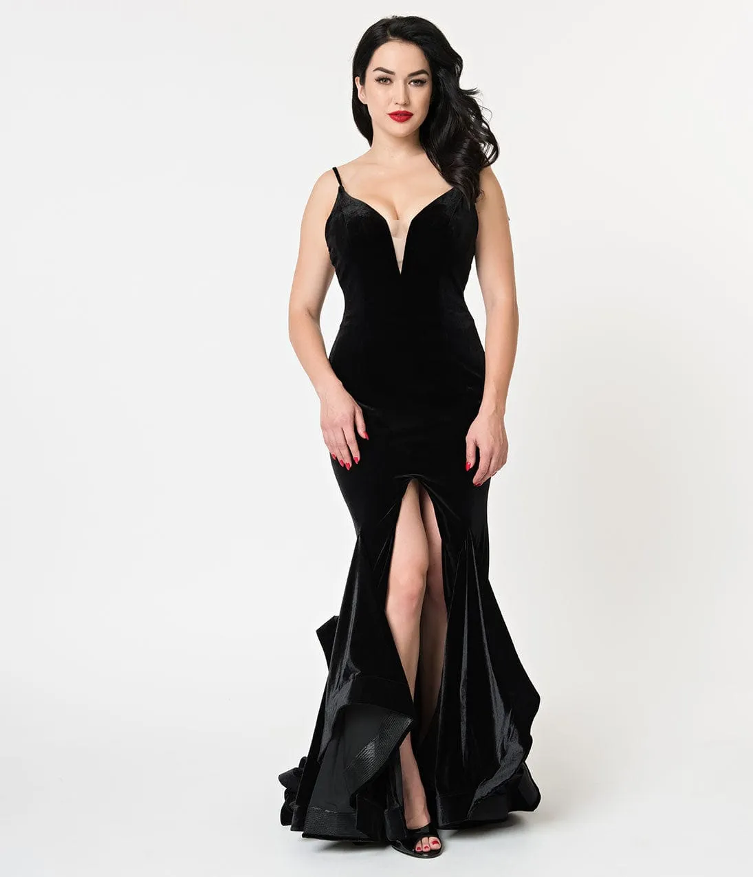 Black Velvet Ruffled Mermaid Sexy Long Dress