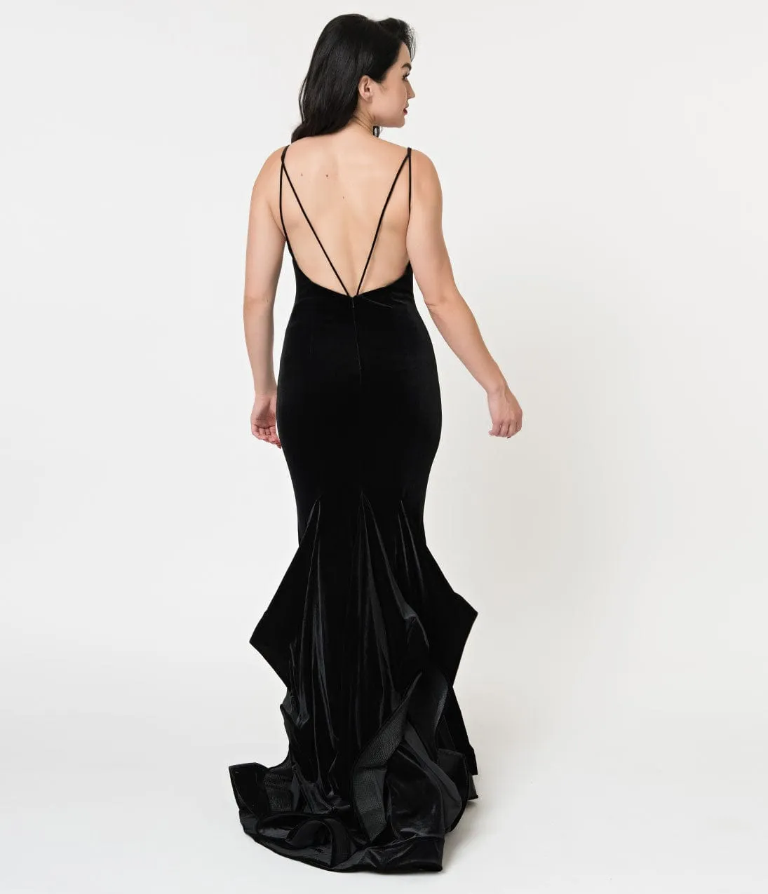 Black Velvet Ruffled Mermaid Sexy Long Dress