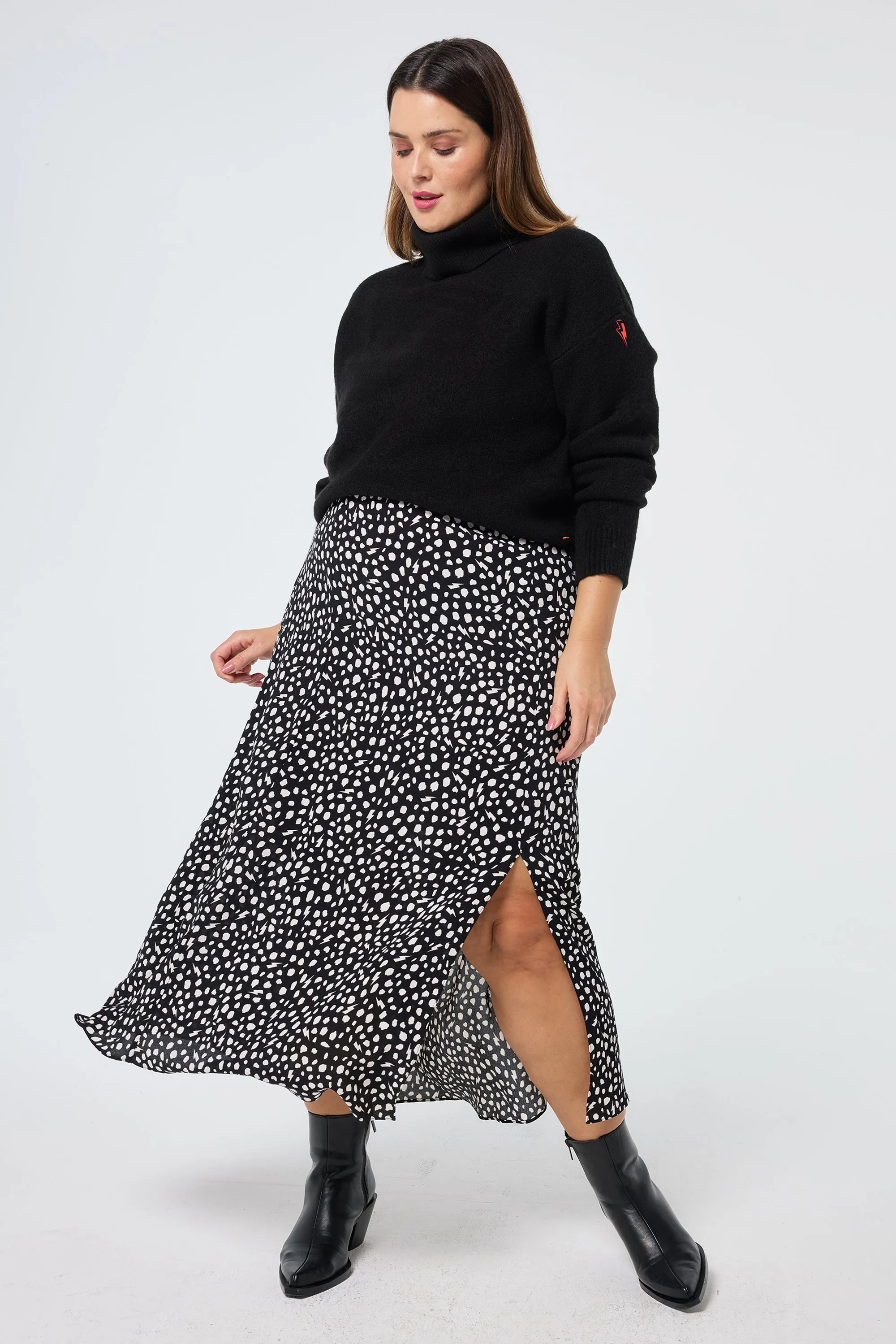 Black with White Cheetah Side Split Skirt