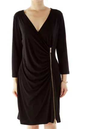 Black Wrap Dress with Side Zipper