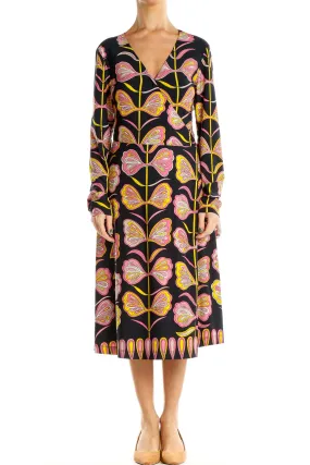 Black Yellow Pink Printed Holiday Wrap Dress