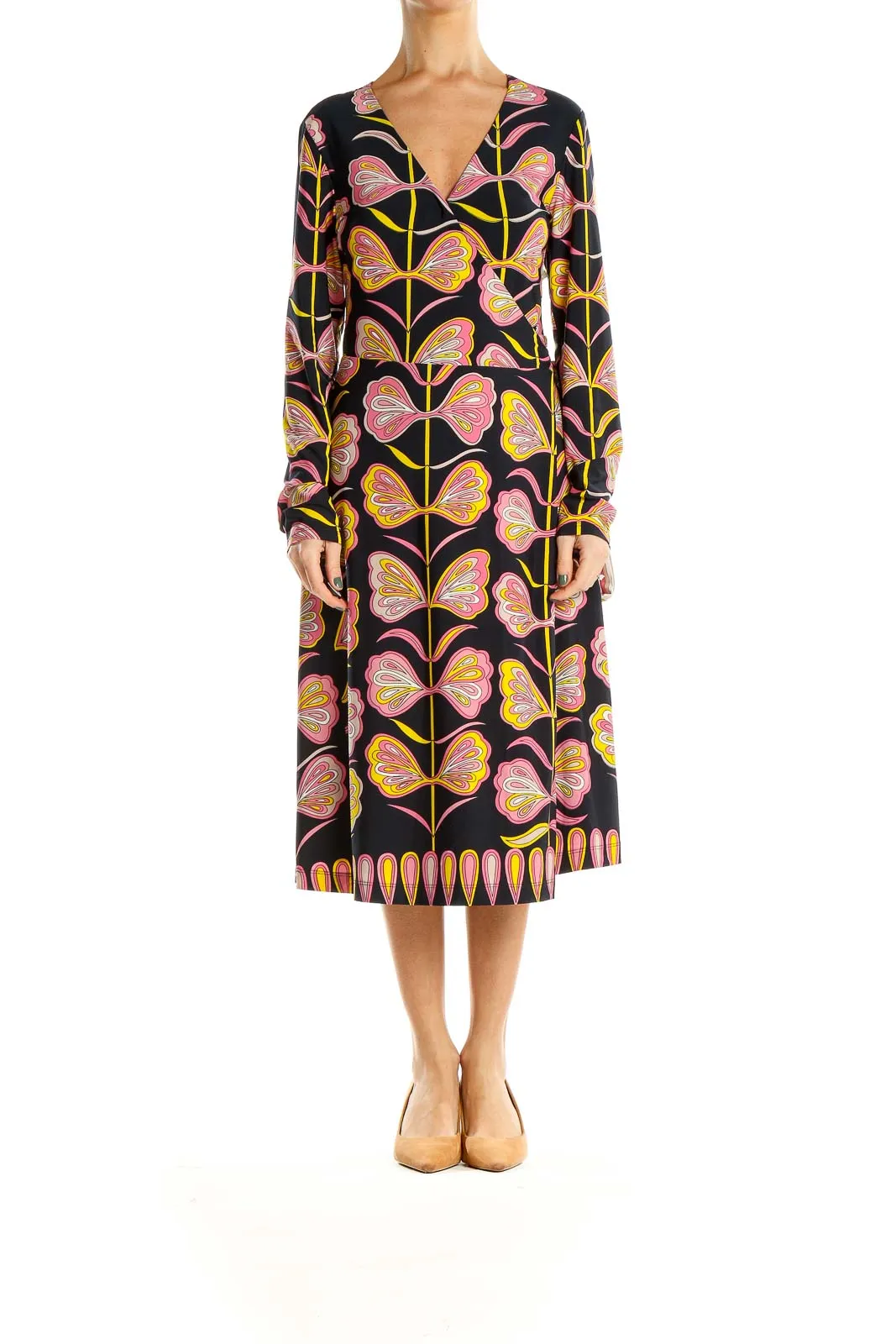 Black Yellow Pink Printed Holiday Wrap Dress