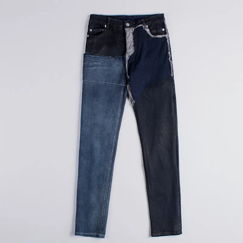 Blue Asymmetry Washed Waxed Patchwork Slim Style Men Jeans