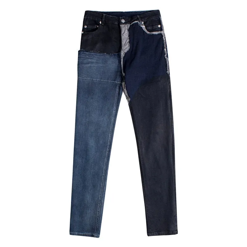 Blue Asymmetry Washed Waxed Patchwork Slim Style Men Jeans