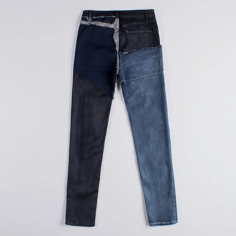 Blue Asymmetry Washed Waxed Patchwork Slim Style Men Jeans