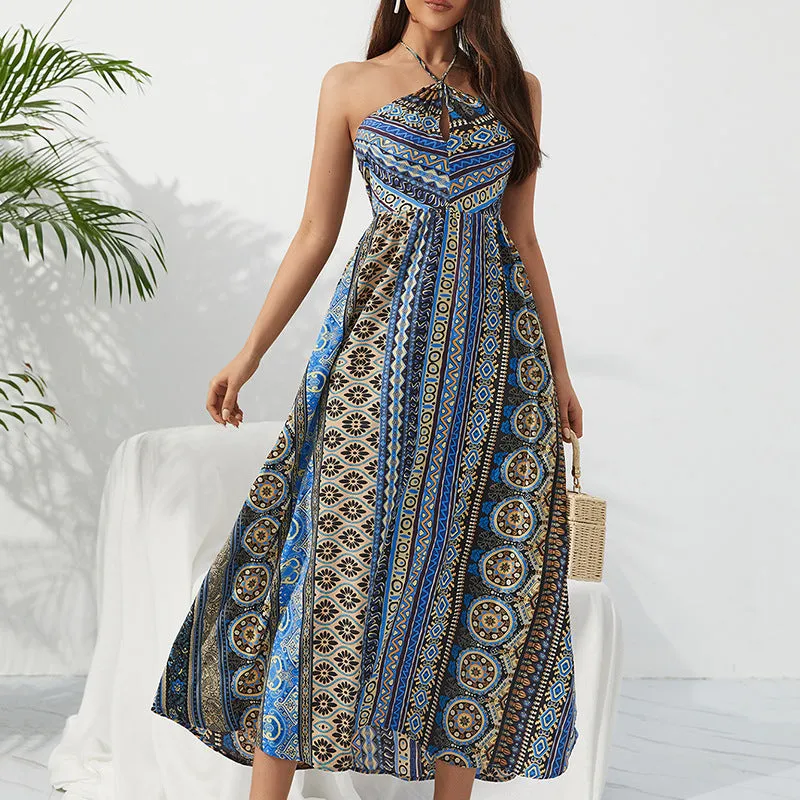 Bohemian Print Strapless Halter Neck Slim Fit Dresses Wholesale Dresses