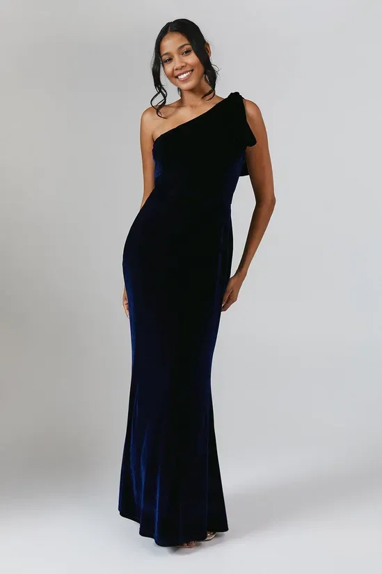 Bow One Shoulder Velvet Winter Long Bridesmaids Dress Wedding Guest Dresses