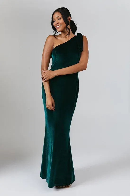 Bow One Shoulder Velvet Winter Long Bridesmaids Dress Wedding Guest Dresses