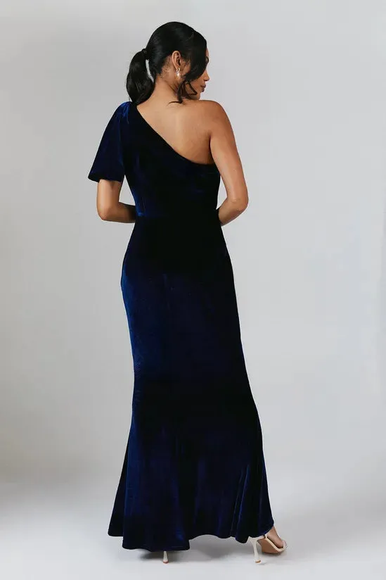 Bow One Shoulder Velvet Winter Long Bridesmaids Dress Wedding Guest Dresses