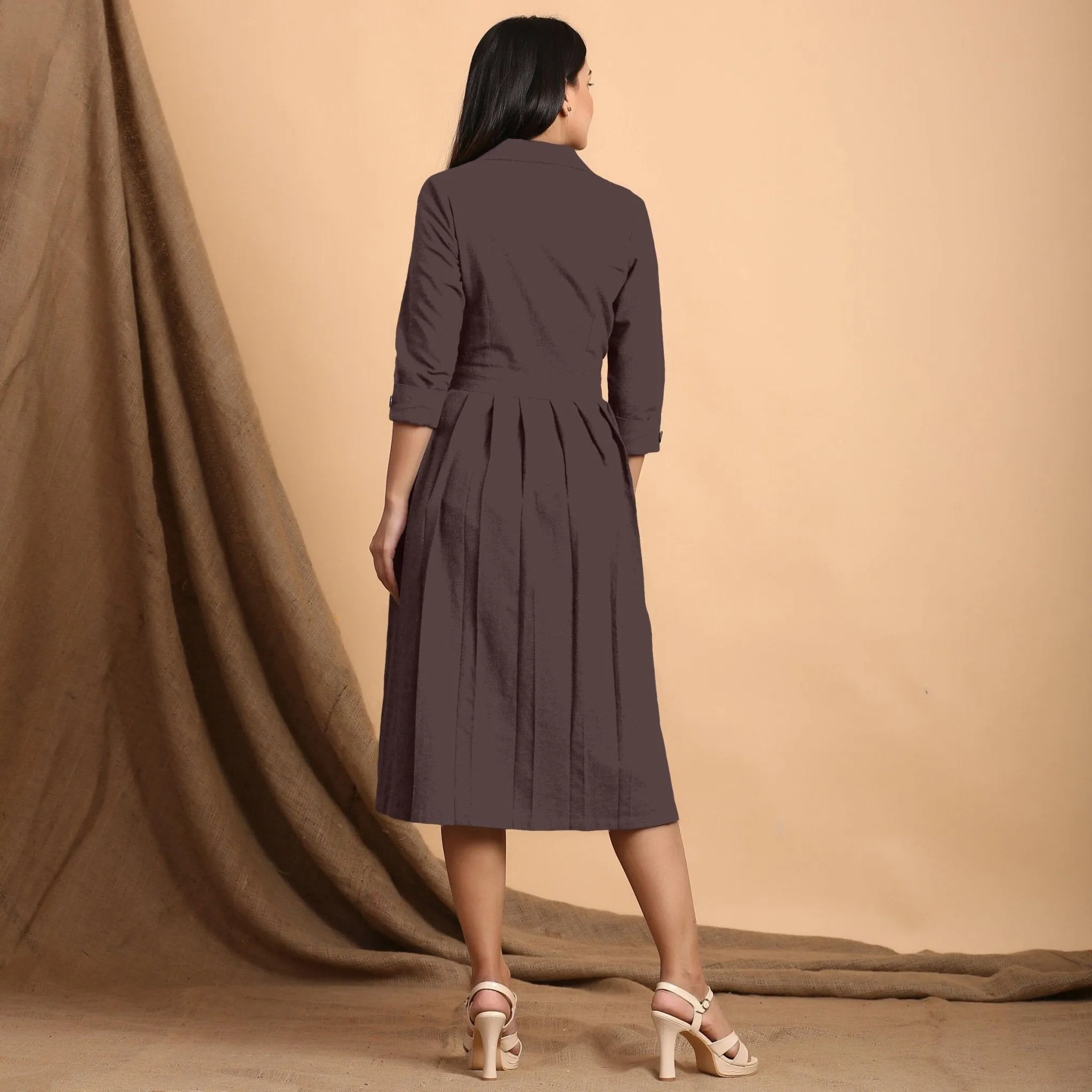 Brown Cotton Flax Notched Collar Midi Pleated Wrap Dress