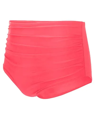 Chic Women High Waisted Bikini Bottom Retro Ruched Swim Short-Pinkish Red