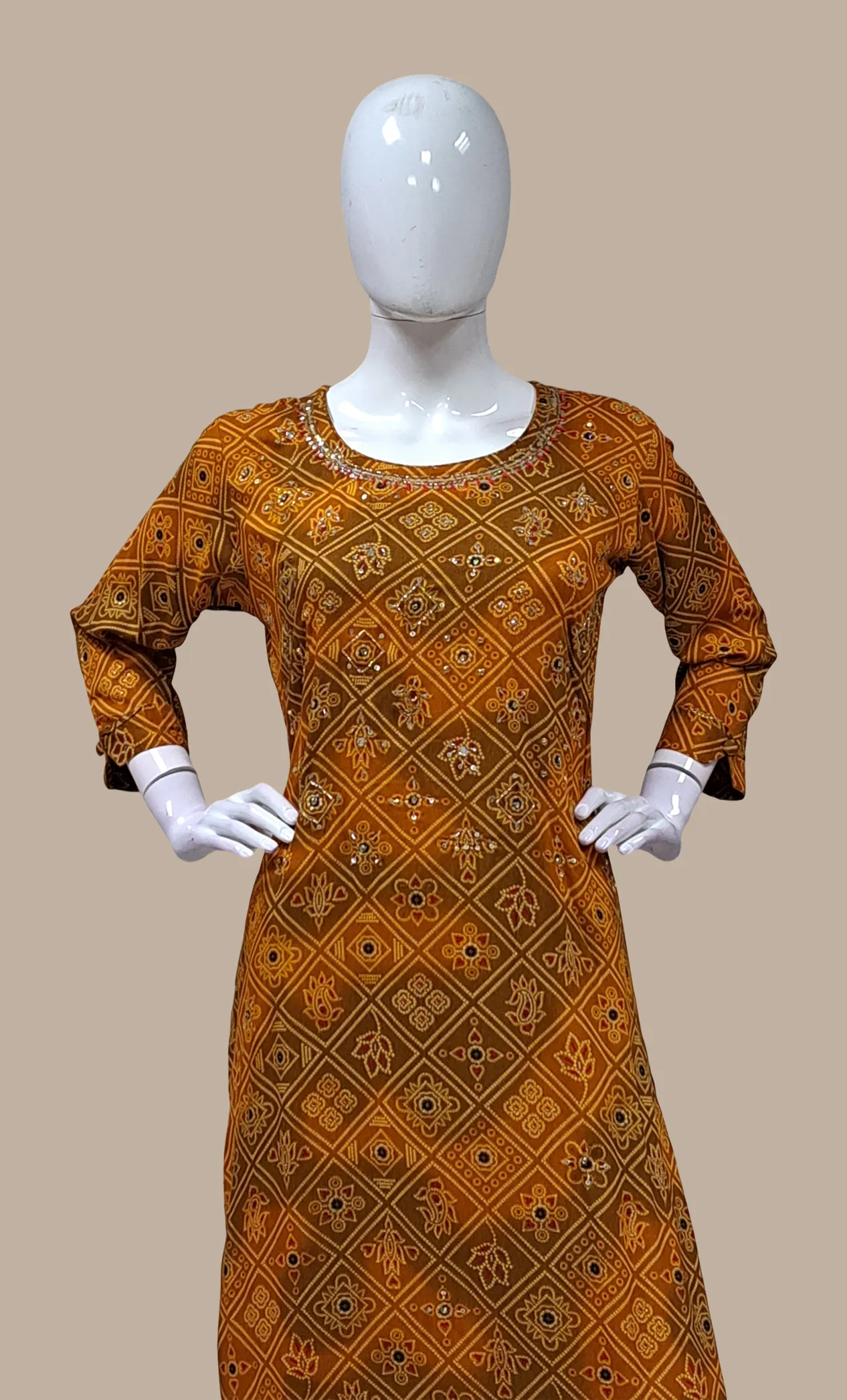 Dark Mustard Bandhani Kurti Top & Pants