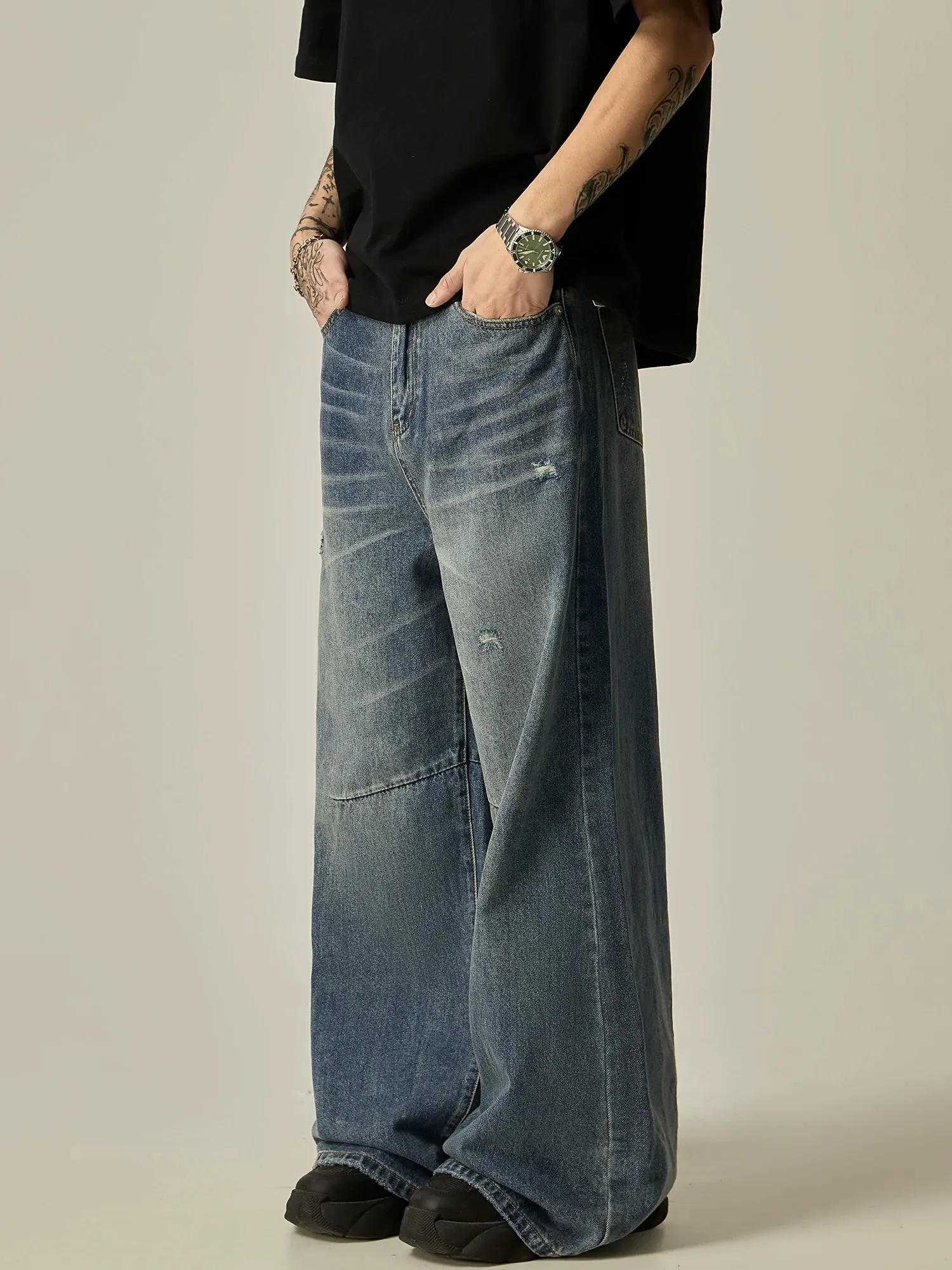 Distressed Patchwork Ultra-Wide Leg Vintage Jeans