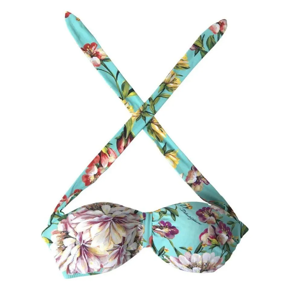 Dolce & Gabbana Mint Green Floral Print Beachwear Bikini Top