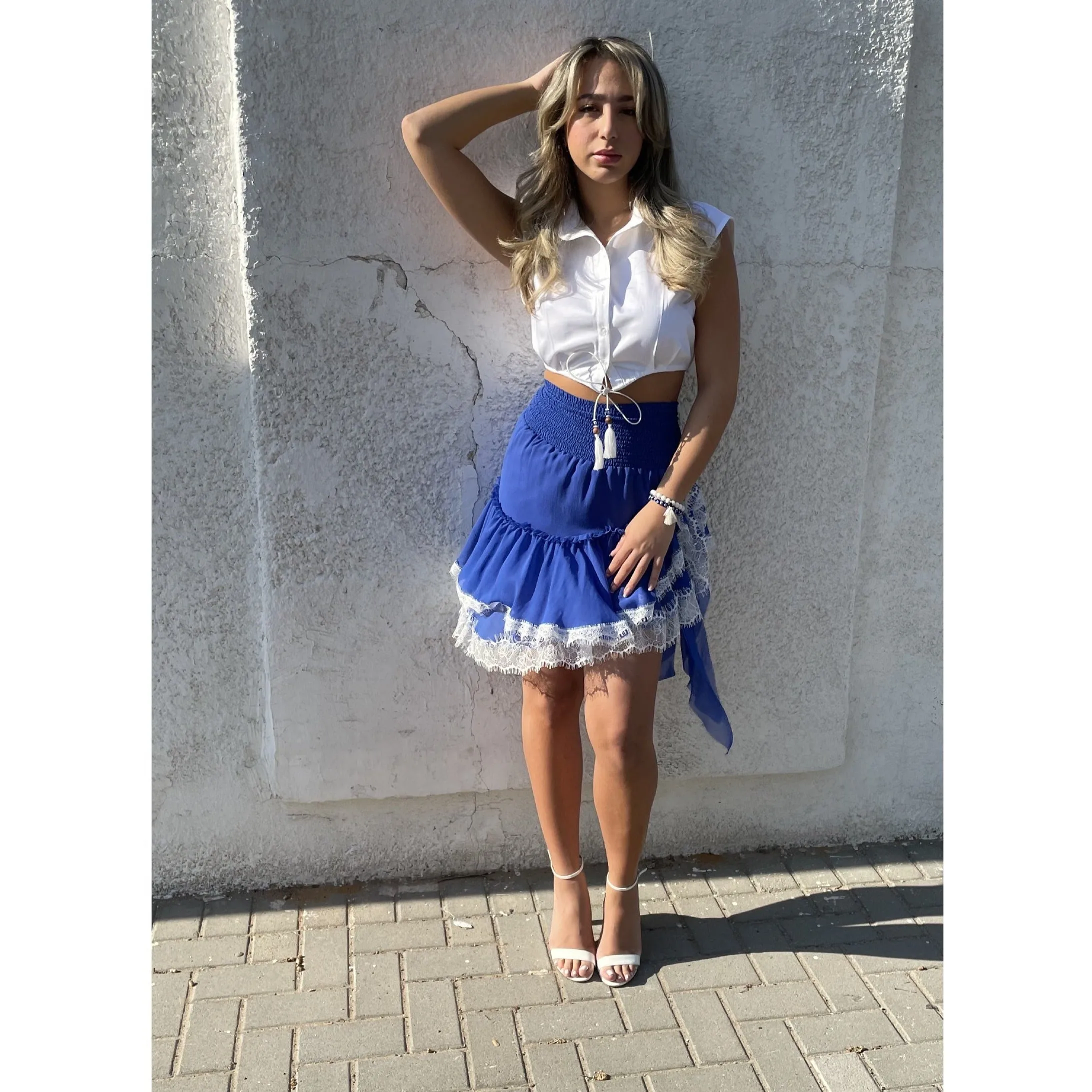 Electric Blue Georgette Ruffle Skirt With Lace