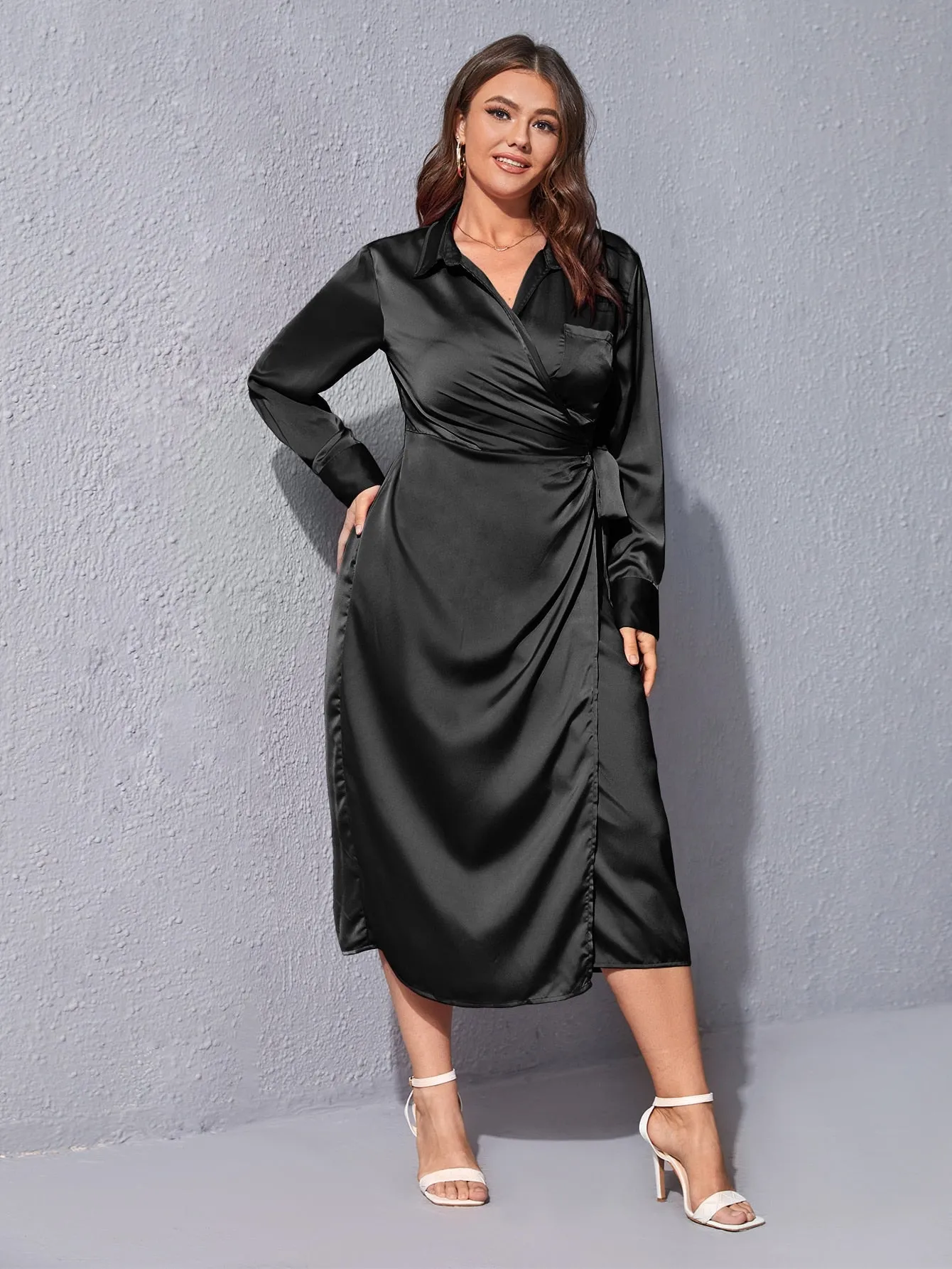 Elegant Plain Wrap Long Sleeve Collar Wrap High Waist Midi Plus Size Dress