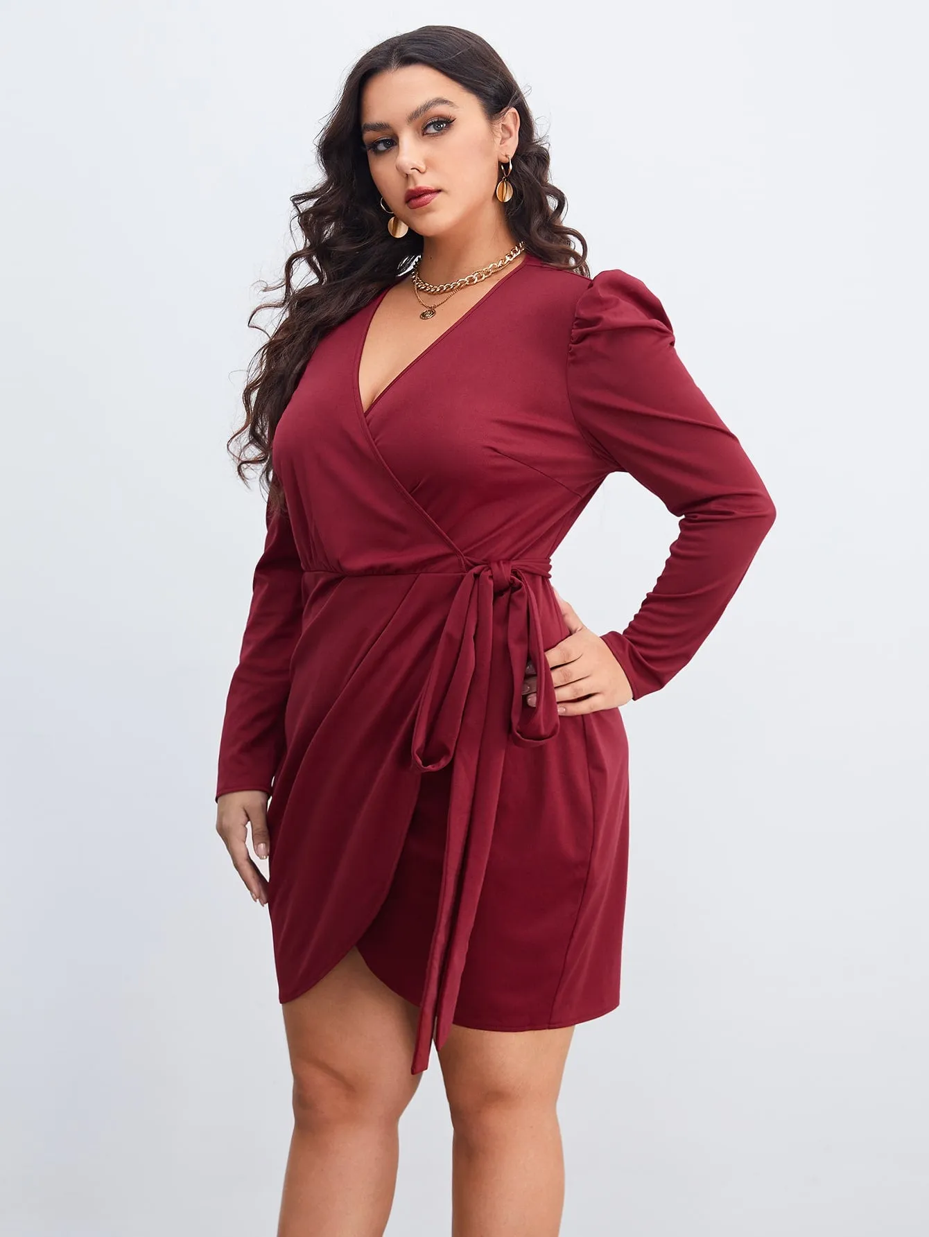 Elegant Plain Wrap Long Sleeve V Neck Wrap High Waist Short Plus Size Dress