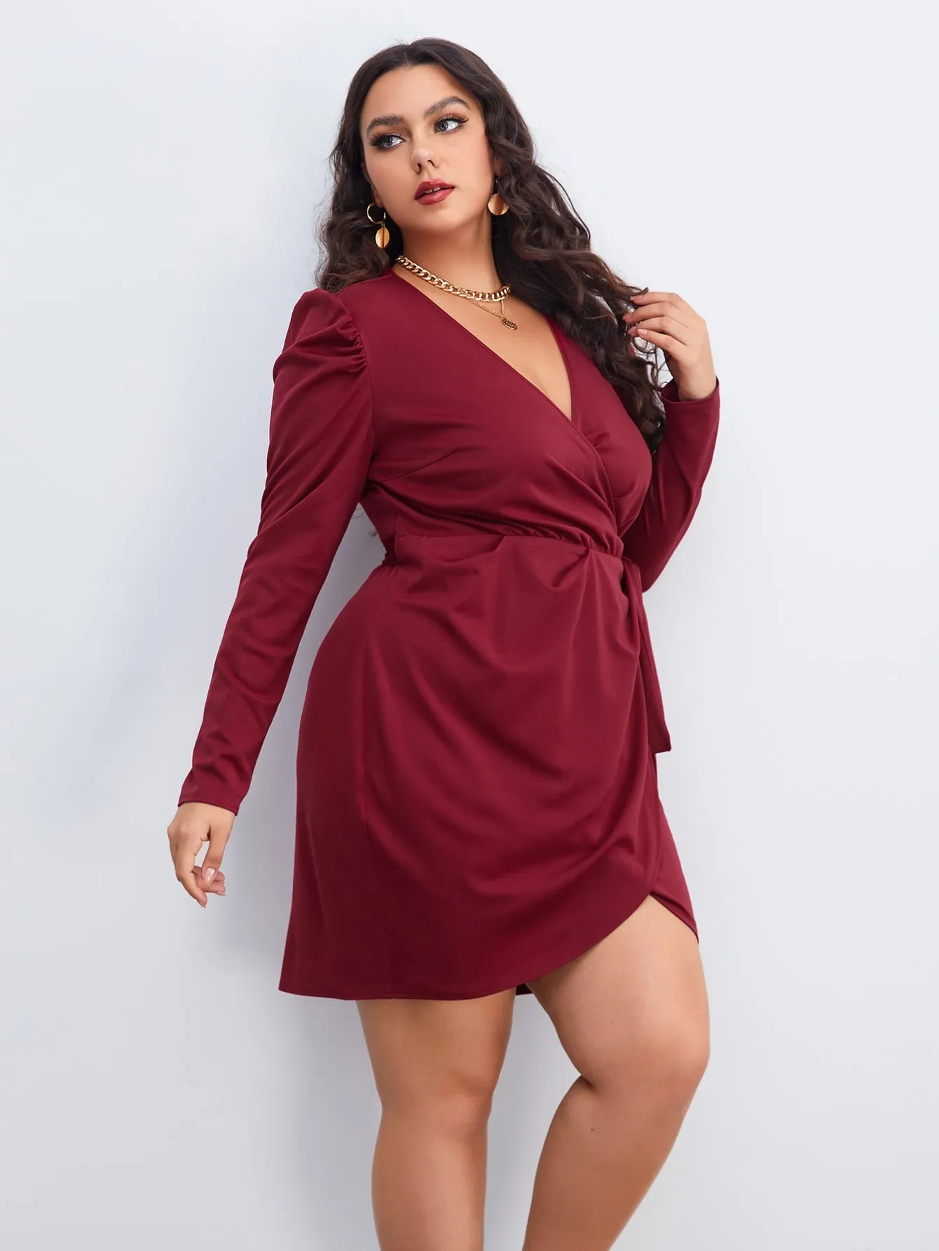 Elegant Plain Wrap Long Sleeve V Neck Wrap High Waist Short Plus Size Dress