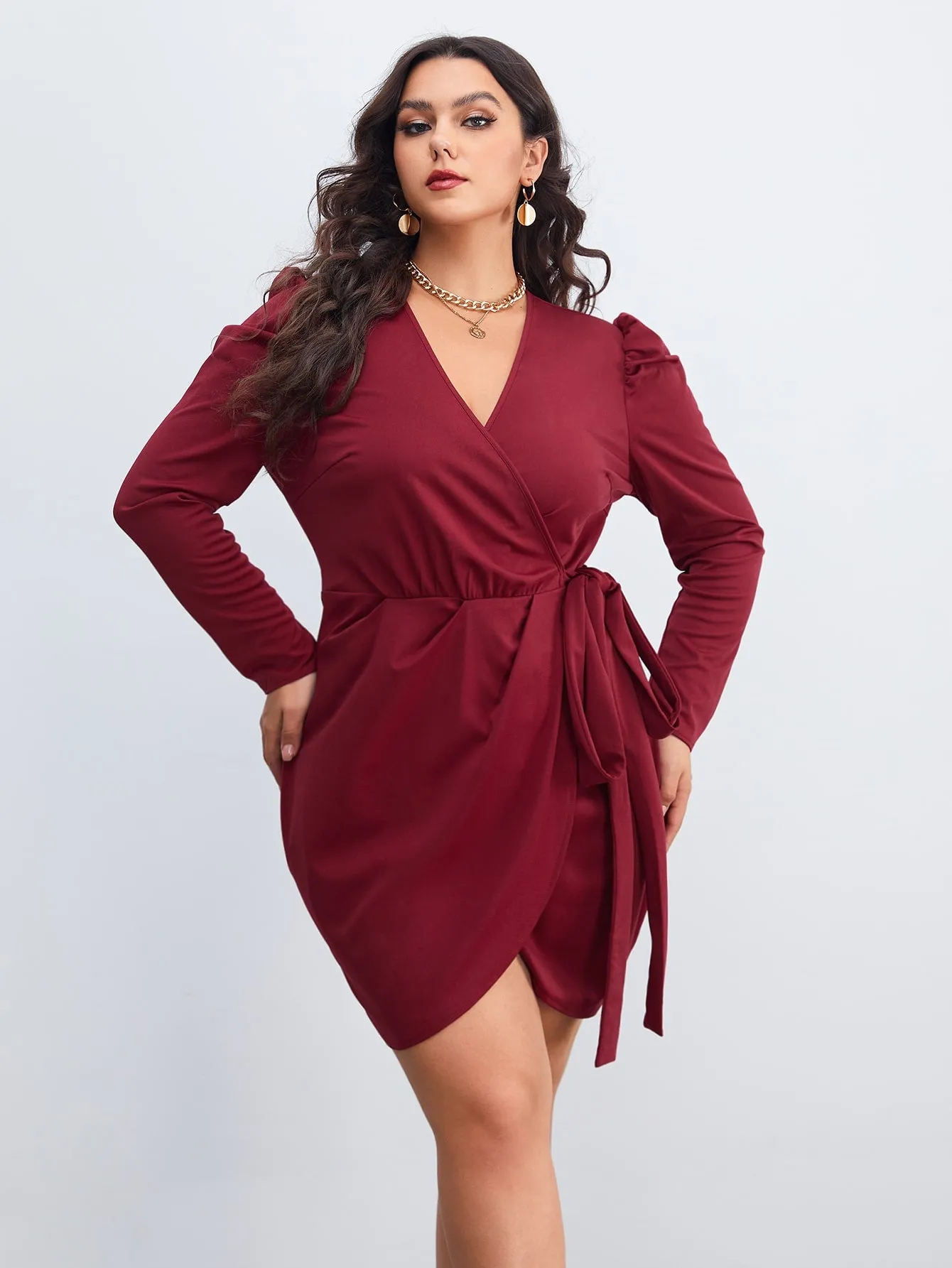 Elegant Plain Wrap Long Sleeve V Neck Wrap High Waist Short Plus Size Dress